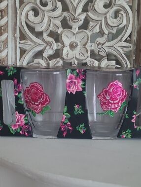 Betsey Johnson Coffee Mugs Set Of 2 With A Beautiful Rhinestone Bling Rose On It